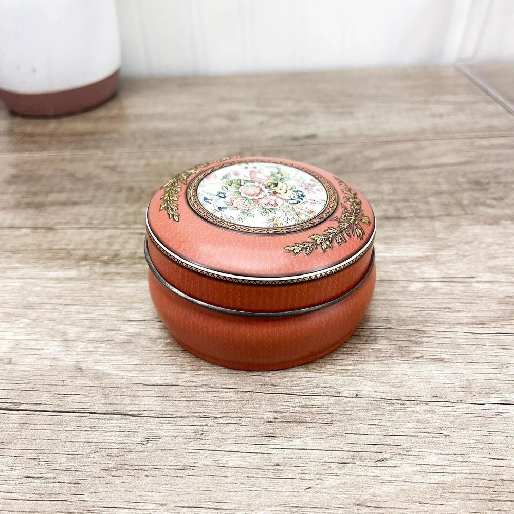 Vintage Pink Floral Tin, Gold Metal Storage Tin Made in England